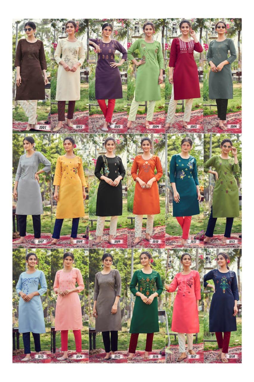 Blue Hills Instagram Latest Fancy Designer Casual Wear Slub Cotton Straight Embroidery Kurtis Collection
